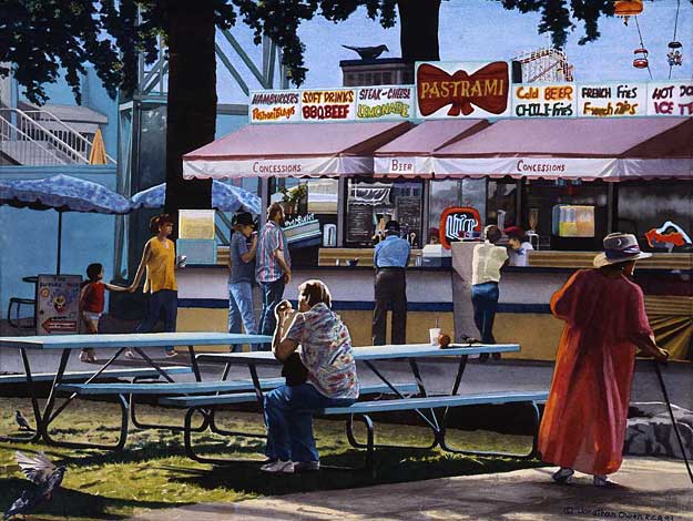 Concession stand, orange County Fair,with mystic,crows and cable car ride.